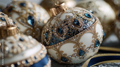Detailed macro shot of emerald jewel ornament on champagne bauble, shimmering holiday background for fashion, jewelry and gift promotions.