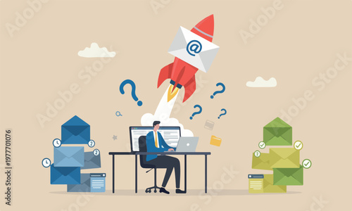 Email management teams rocket reply all emails, efficiency or productive way, prioritize or categorize information concept, businessman work with computer laptop on email envelope