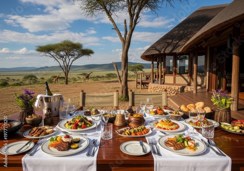Breakfast at an African lodge surrounded by bush wilderness, offering a serene safari experience.
