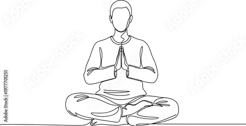 Man Meditation Yoga Pose Line Art Illustration Sitting Lotus Position Mindfulness Wellness Vector Design
