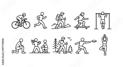 Collection of simple line art icons representing diverse outdoor sports and activities