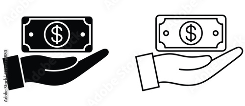 Hand, receiving dollar icon set featuring give money and savings symbols, salary and financial exchange concept, modern outline vector illustration collection for banking, finance apps, websites, and 