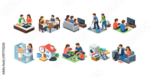 Family performing various daily household chores and leisure activities together