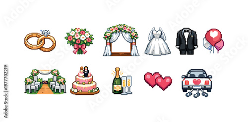 Pixel art wedding icons collection for celebration and romance
