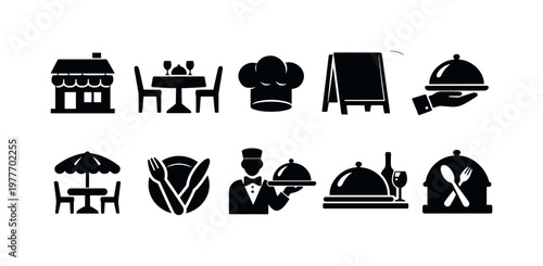 Collection of restaurant and dining icons representing various services and elements