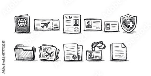 Collection of hand-drawn travel and identification documents, including passport and tickets