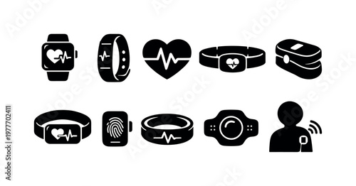 Collection of health monitoring wearable device icons with heart rate and biometric symbols