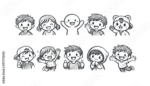 Collection of happy cartoon children characters with diverse expressions and gestures