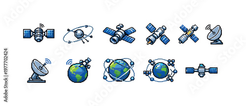 Collection of pixel art icons depicting satellites and Earth in orbit