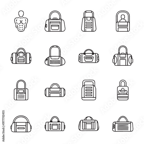 Collection of modern duffel bags and gym accessories in clean line art style