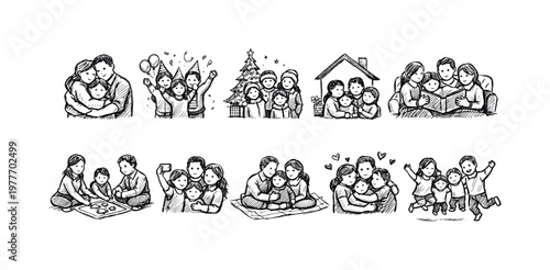Diverse family moments depicted in a charming hand-drawn sketch style collection
