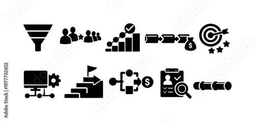 Business strategy icons showing growth, teamwork, finance, and success metrics