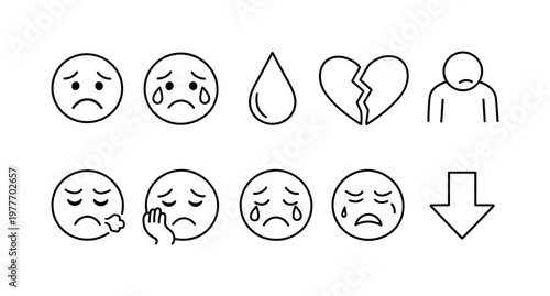 Collection of sad and crying emoticons, broken heart, and downward arrow icons