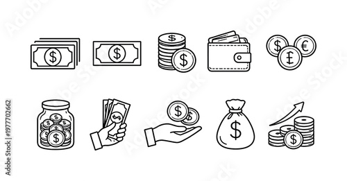 Collection of simple line art icons representing various financial concepts and currency