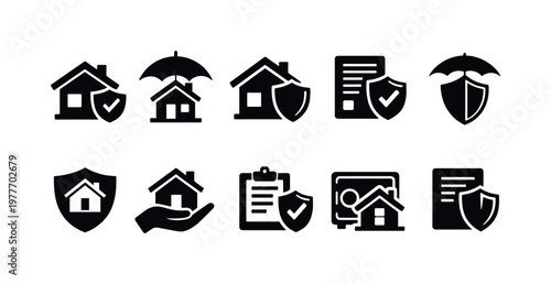 Collection of black house and shield icons representing security and protection