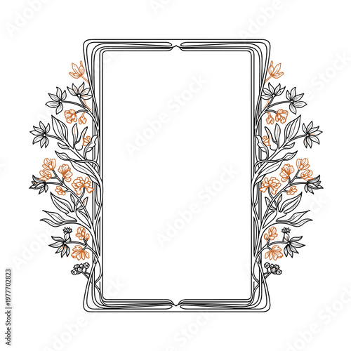 Art Nouveau Floral Frame Vertical Minimal Line Art Decorative Border Vector