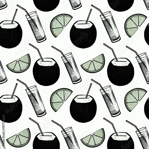  Patrón sin costuras con cocos y limas en estilo de contorno minimalista.
