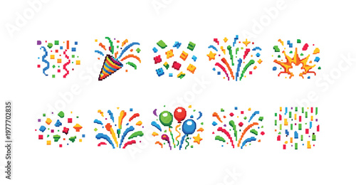 Pixel art celebration elements including confetti, party poppers, and fireworks