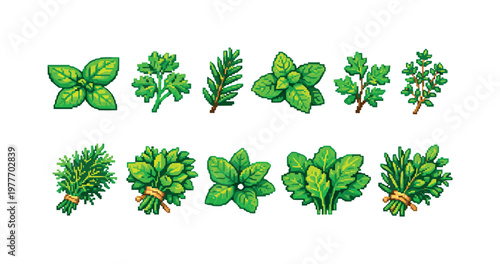 Pixel art collection of various fresh herbs and leafy greens for culinary use