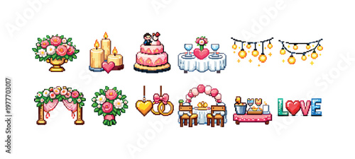 Pixel art wedding icons collection for romantic celebrations and events