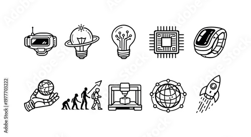 Collection of icons representing innovation, technology, and progress