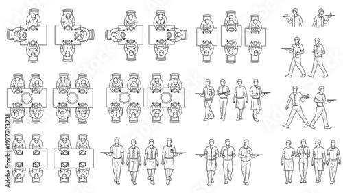 Top-Down Restaurant CAD Human Figures, Seated Diners and Waiter Poses, Technical Blueprint Line Drawing, White Background, Hospitality Illustration