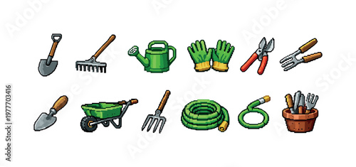 Collection of pixel art gardening tools and supplies for outdoor activities