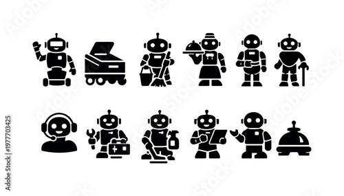 Collection of diverse robot icons representing various professions and services
