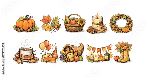 Autumn harvest and celebration elements arranged in a charming illustration