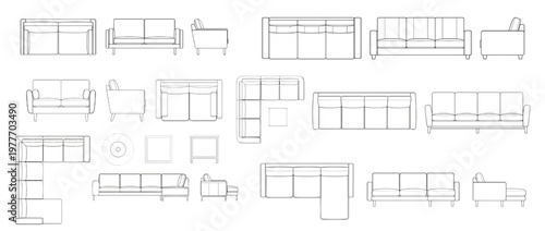 Sofa and Couch Furniture CAD Block Library: Technical Blueprint Vectors for Interior Design and Architectural Planning (Top, Front, Side Views)