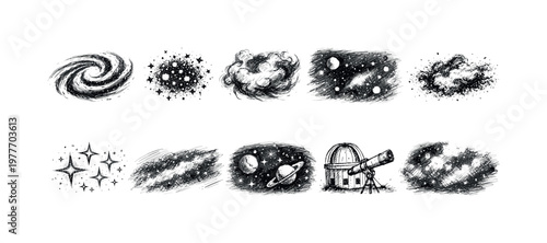 Collection of hand-drawn cosmic elements including galaxies, nebulae, planets, and telescope