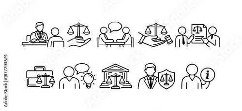 Collection of legal and justice icons representing law, advice, and court proceedings