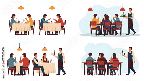 Top-Down Restaurant CAD Human Figures Silhouettes, Seated Diners and Waiter Poses, Technical Thick Line Blueprint, White Background, Interior Layout Illustration