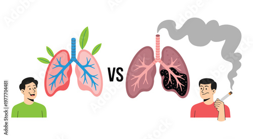 Healthy lungs vs damaged lungs from smoking, medical comparison icon showing clean pink lungs and dark diseased lungs, illustrating respiratory health and smoking damage,