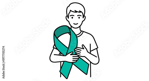 Man wearing a teal ribbon symbolizing awareness and support for a cause