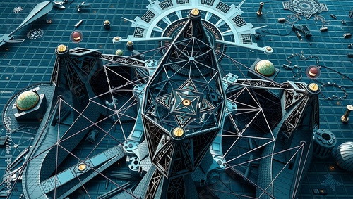 Futuristic Geometric Mechanical Structure on Grid Background