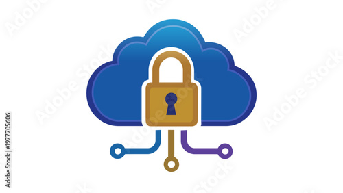 Secure cloud computing and data backup vector icon illustration featuring a blue cloud with a gold padlock and circuit board connection lines, representing cyber security and network storage.