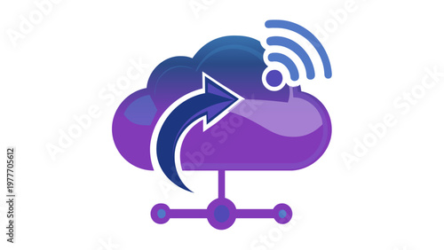 Glossy blue cloud backup and data storage vector icon illustration featuring an upload arrow, wireless signal symbol, and network node connection for cloud computing and technology services.