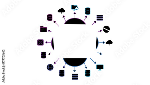 Abstract cloud computing network vector illustration featuring a central hub connected to diverse data icons including servers, databases, folders, and clouds. Minimalist flat design for tech.