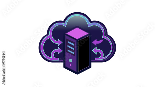 Modern cloud migration and data storage vector icon illustration featuring a server tower with transfer arrows and a digital cloud background for technology, network, and web hosting concepts.