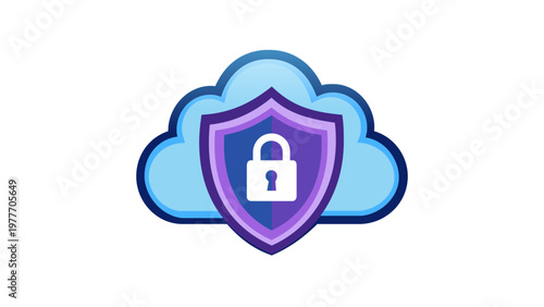 Cloud security vector illustration featuring a blue cloud icon with a protective shield and a white padlock, representing data protection, cybersecurity, and safe cloud computing storage systems.