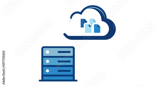Cloud computing vector icon illustration featuring a server rack and a cloud with document files, representing data transfer, backup, and storage synchronization with blue gradient arrows.