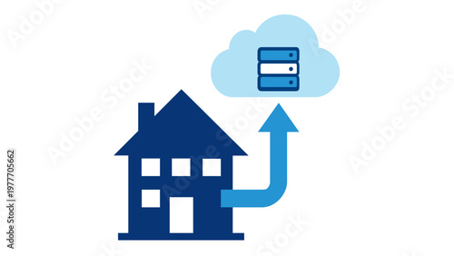 Flat vector illustration of a house uploading data to a cloud server, symbolizing smart home connectivity, remote work backup, residential cloud computing, and digital storage solutions.