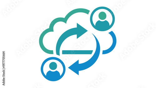 Cloud computing vector icon illustration featuring data sharing and synchronization between users. Minimalist flat design for network connectivity, cloud storage, and digital collaboration.