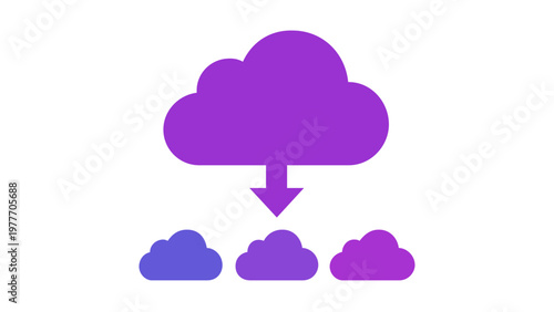 Professional cloud sharing vector icon illustration with a vibrant blue and purple gradient, featuring a large cloud with a download arrow pointing to smaller clouds for data storage concepts.