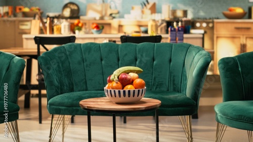 Foto Cozy residential flat, interior with no people, empty living room, kitchen space, modern elegant style