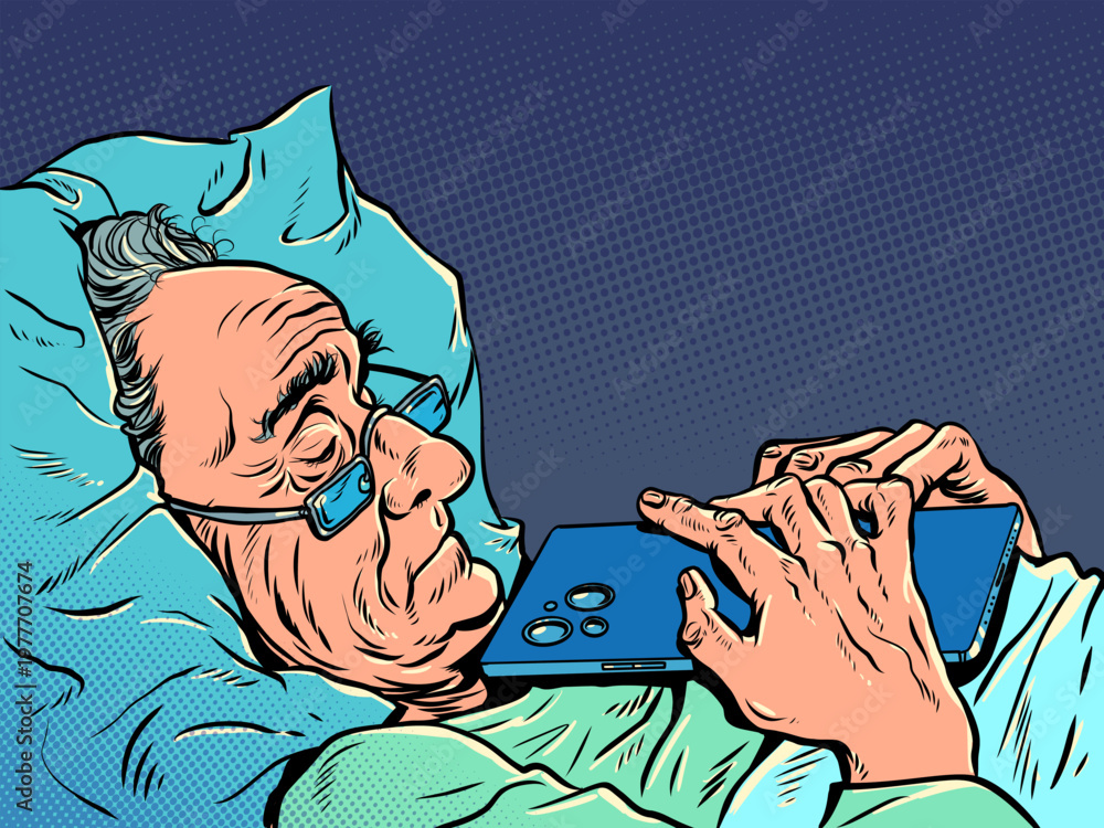 Fototapeta premium Pop Art Retro An elderly man sleeps with a phone. Communication and connection with adult relatives. Online data security on a mobile phone.