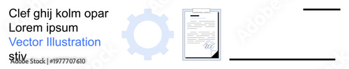Business workflow, legal documents, identity verification, process automation, digital signing, paperwork management. Gear icon with document and signature. Workflow and business concept