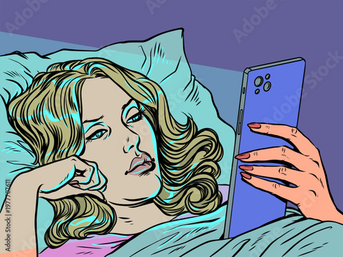 Pop Art Retro A woman in bed staring at her phone. Technology and internet addiction. Special offers and promotions for clients.