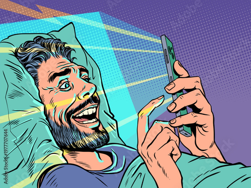 Pop Art Retro A man in bed staring at his phone. Technology and internet addiction. Special offers and promotions for customers.